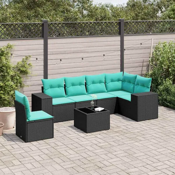 Ensemble de canapé de jardin 7 pcs avec coussins noir résine tressée
