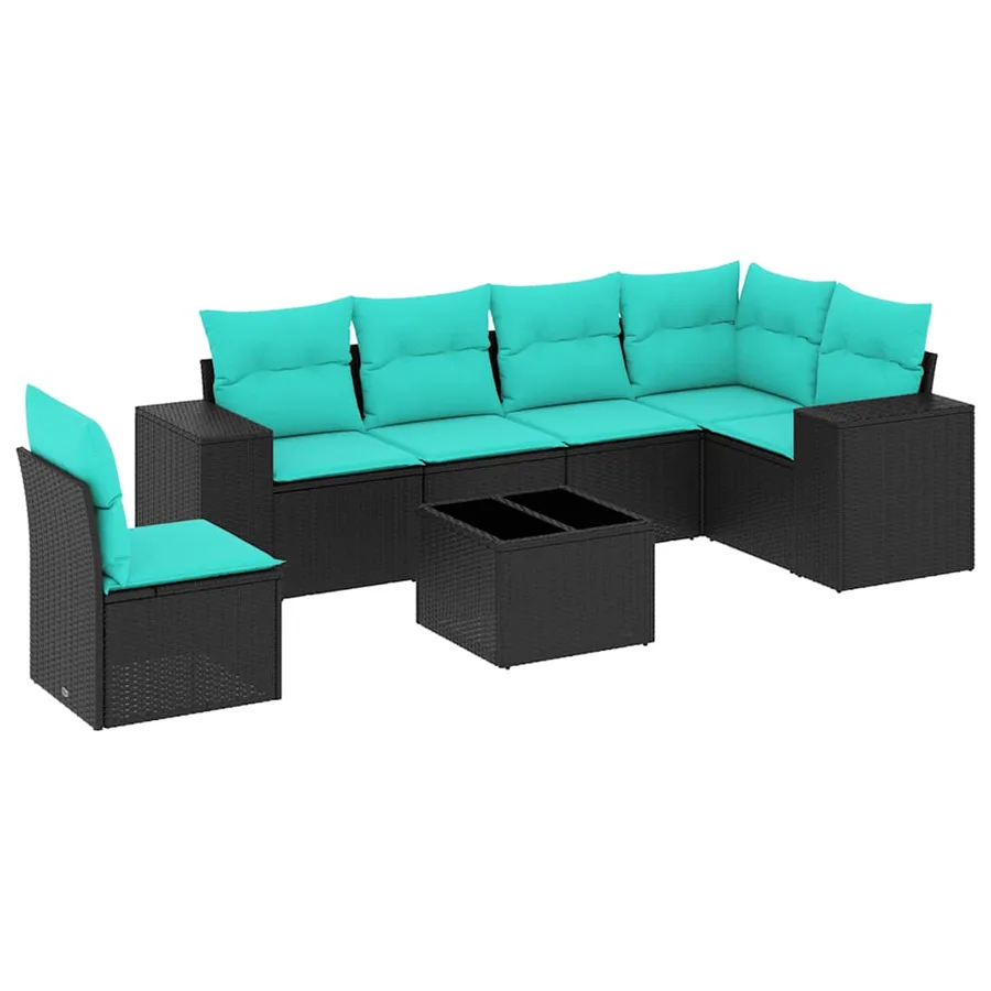 Ensemble de canapé de jardin 7 pcs avec coussins noir résine tressée - 2