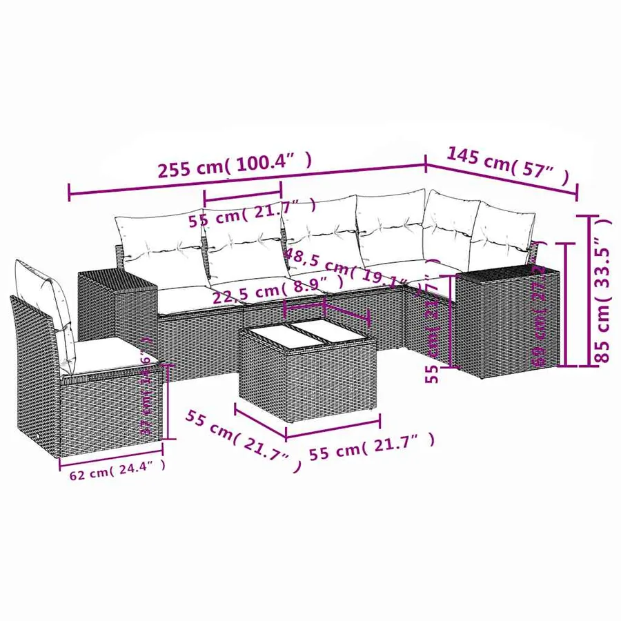 Ensemble de canapé de jardin 7 pcs avec coussins noir résine tressée - 7