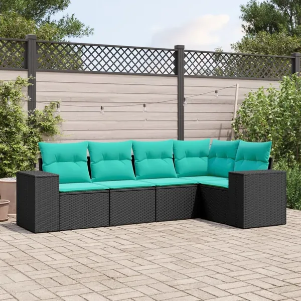Salon de jardin 5 pcs avec coussins noir résine tressée