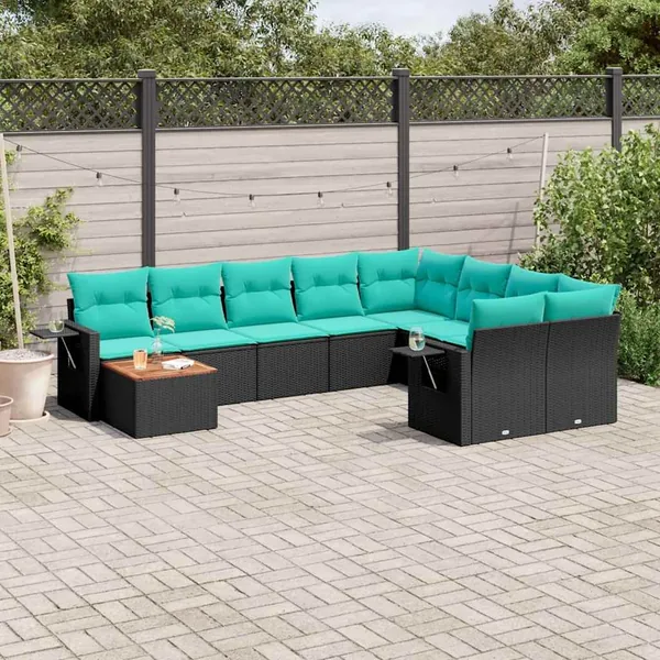 Ensemble de canapé de jardin 10 pcs avec coussins noir résine tressée
