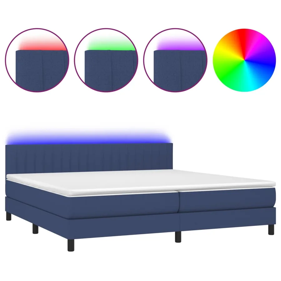 Sommier à lattes de lit et matelas et LED Bleu 200x200 cm Tissu - 2