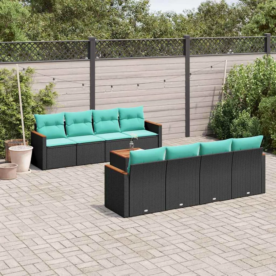 Ensemble de canapé de jardin 9 pcs avec coussins noir résine tressée