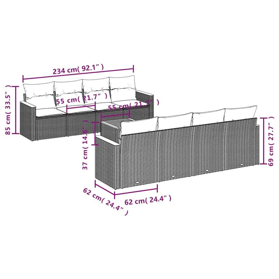Ensemble de canapé de jardin 9 pcs avec coussins noir résine tressée - 7