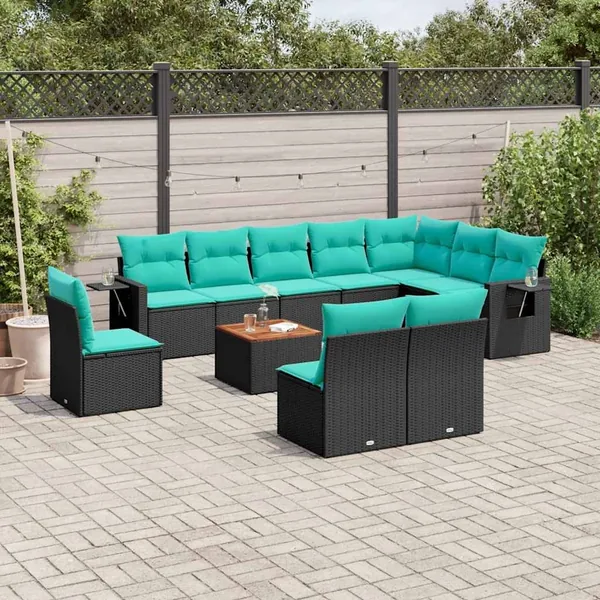 Ensemble de canapé de jardin 11 pcs avec coussins noir résine tressée