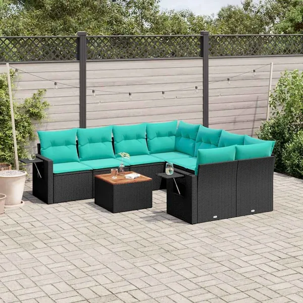 Ensemble de canapé de jardin 9 pcs avec coussins noir résine tressée