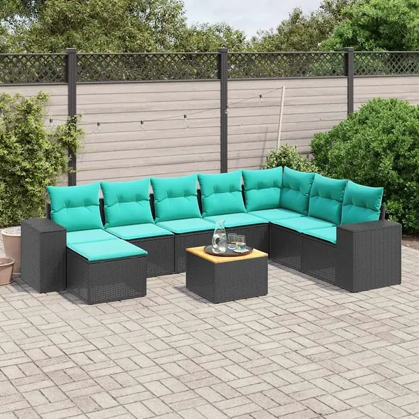 Ensemble de canapé de jardin 9 pcs avec coussins noir résine tressée