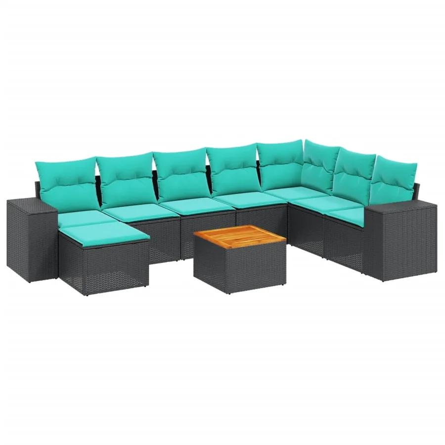 Ensemble de canapé de jardin 9 pcs avec coussins noir résine tressée - 2