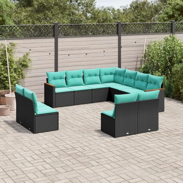 Salon de jardin 11 pcs avec coussins noir résine tressée