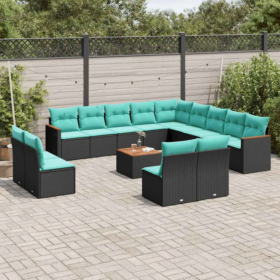 Ensemble de canapé de jardin 14 pcs avec coussins noir résine tressée
