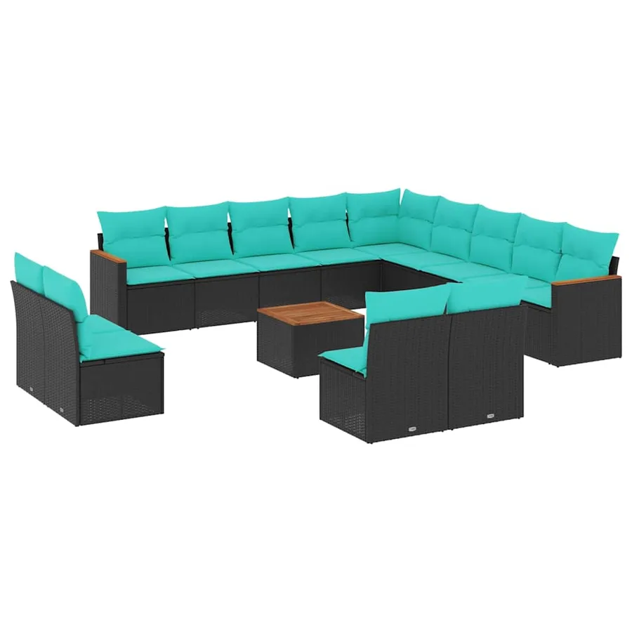 Ensemble de canapé de jardin 14 pcs avec coussins noir résine tressée - 2