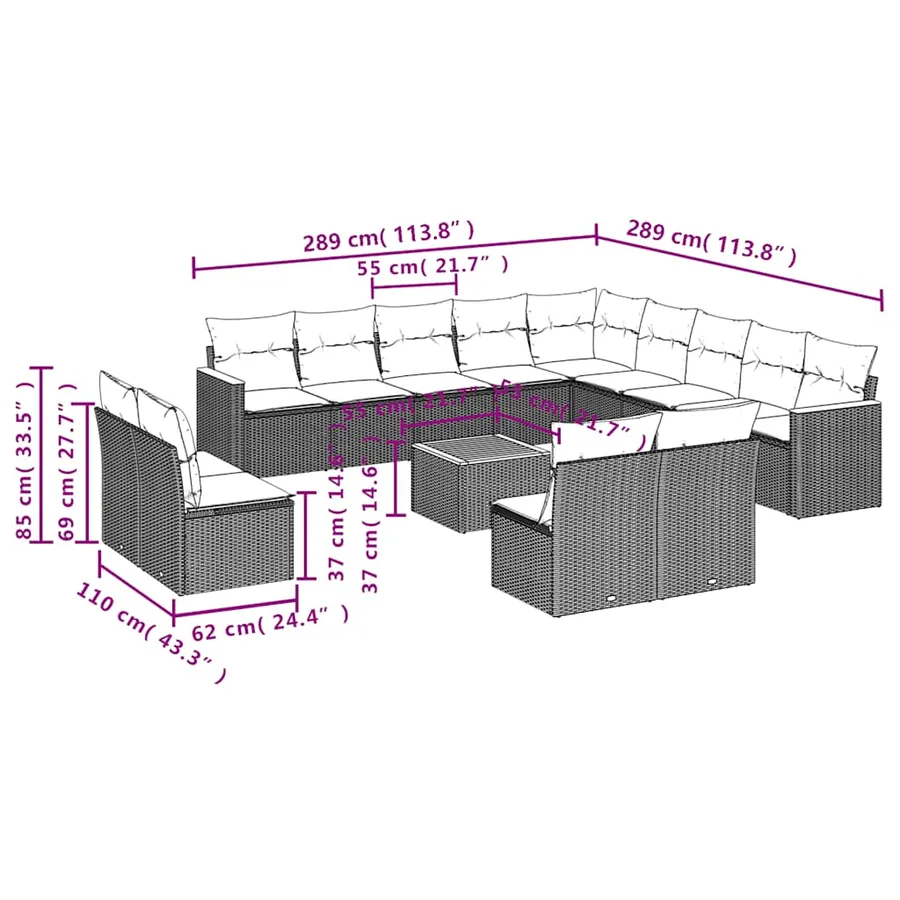 Ensemble de canapé de jardin 14 pcs avec coussins noir résine tressée - 8