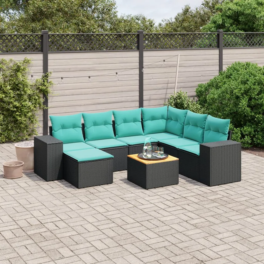 Ensemble de canapé de jardin 8 pcs avec coussins noir résine tressée