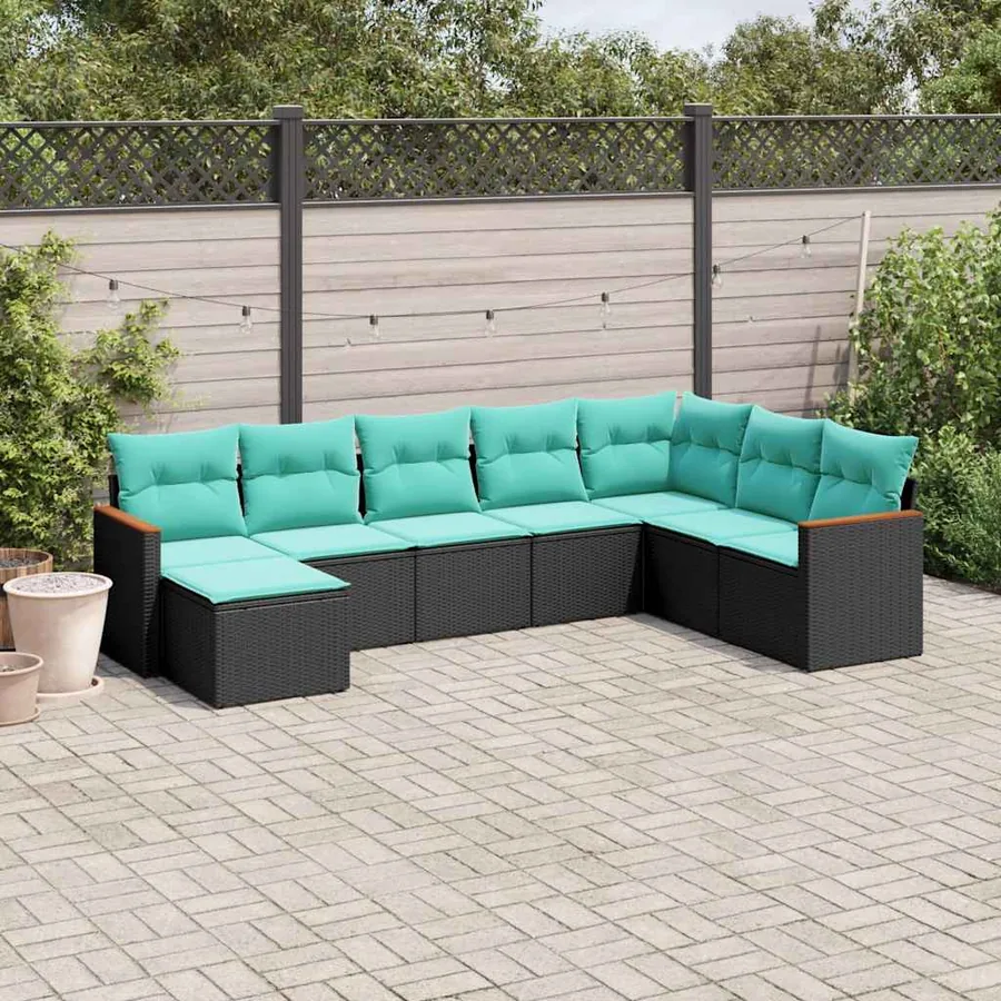 Salon de jardin 8 pcs avec coussins noir résine tressée