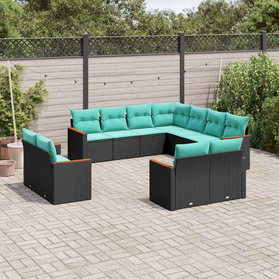 Salon de jardin 11 pcs avec coussins noir résine tressée