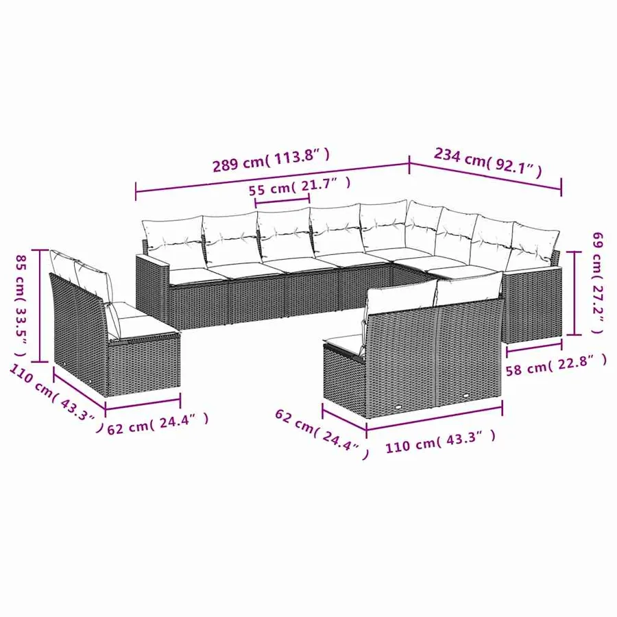 Salon de jardin avec coussins 12 pcs noir résine tressée - 7