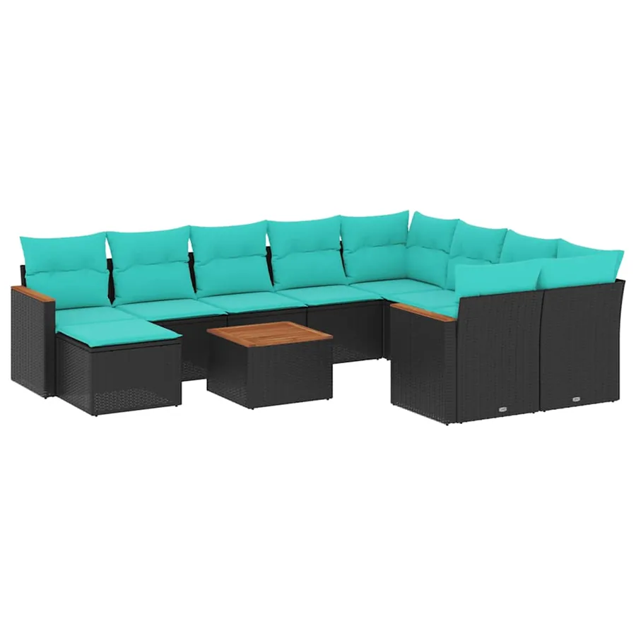 Ensemble de canapé de jardin 11 pcs avec coussins noir résine tressée