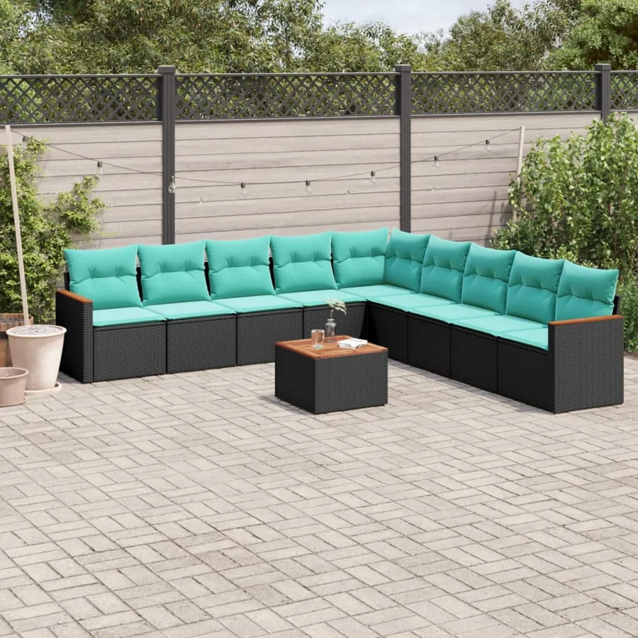 Ensemble de canapé de jardin 10 pcs avec coussins noir résine tressée