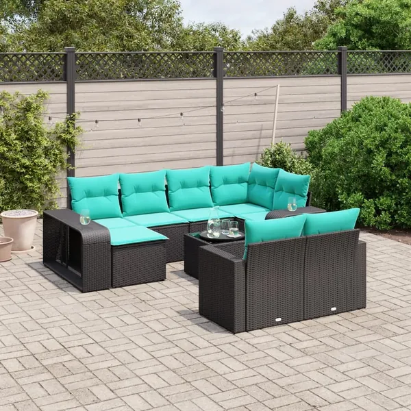 Ensemble de canapé de jardin 11 pcs avec coussins noir résine tressée