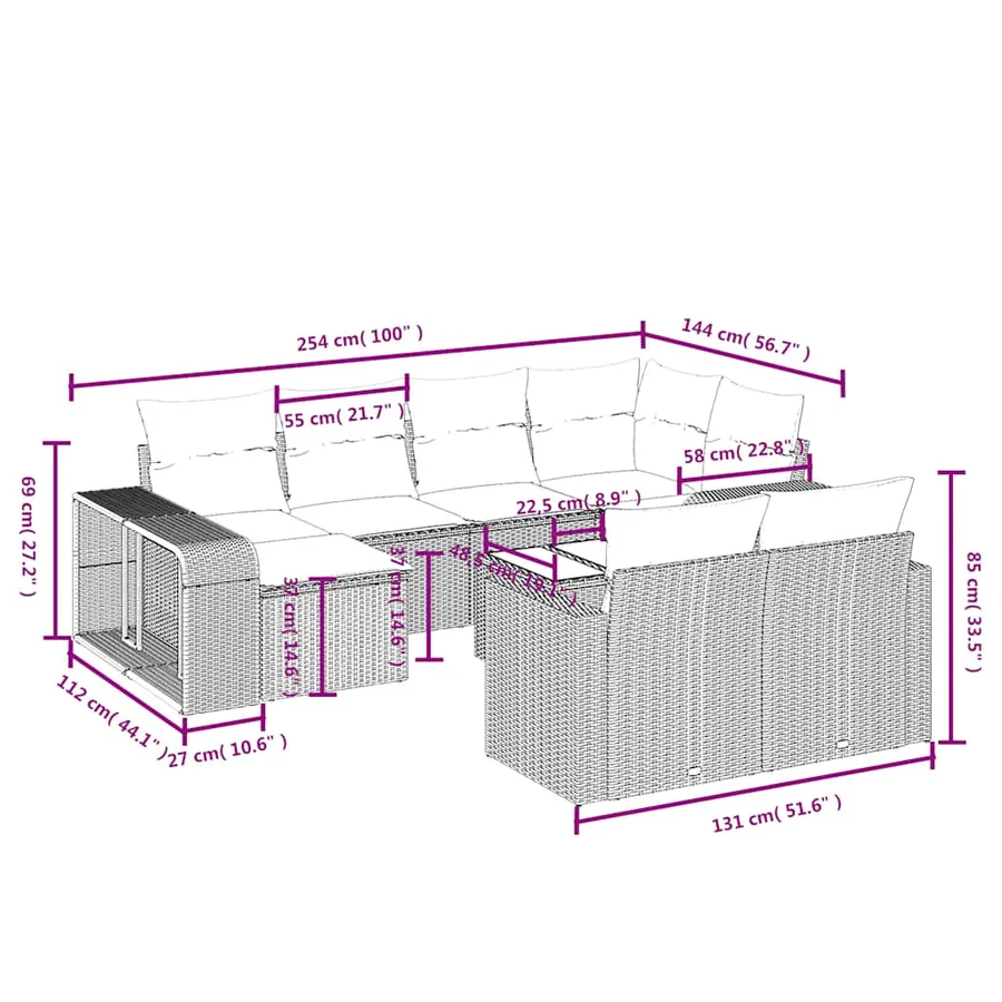 Ensemble de canapé de jardin 11 pcs avec coussins noir résine tressée - 11