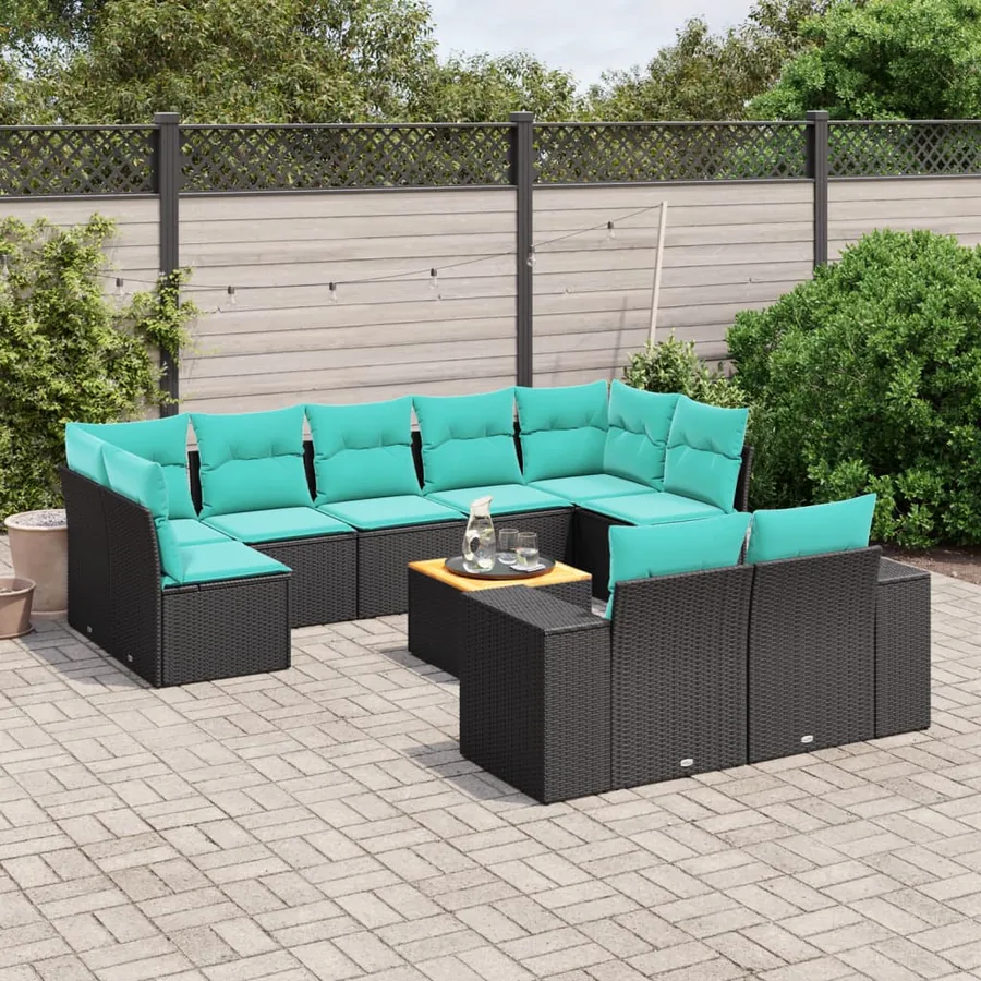 Ensemble de canapé de jardin 10 pcs avec coussins noir résine tressée