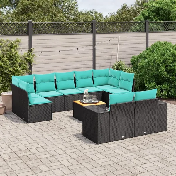 Ensemble de canapé de jardin 10 pcs avec coussins noir résine tressée