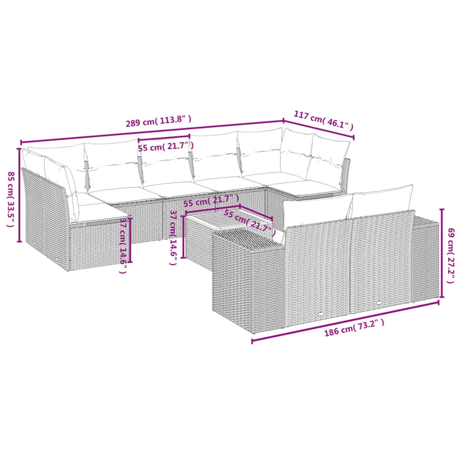 Ensemble de canapé de jardin 10 pcs avec coussins noir résine tressée - 8