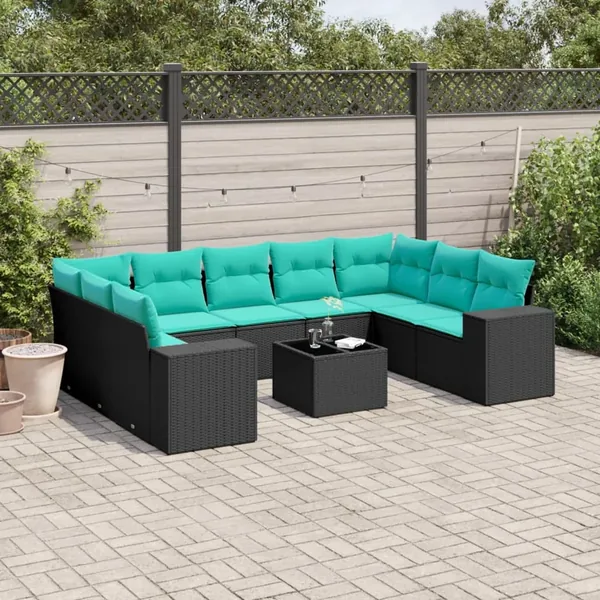 Ensemble de canapé de jardin 10 pcs avec coussins noir résine tressée