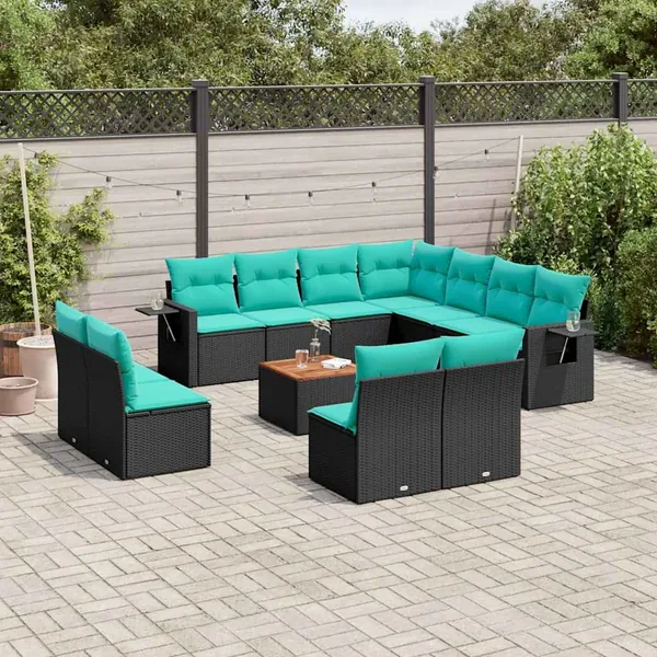 Ensemble de canapé de jardin 12 pcs avec coussins noir résine tressée