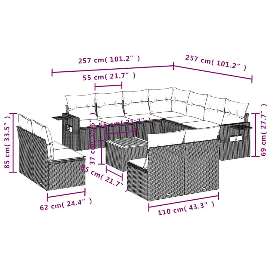 Ensemble de canapé de jardin 12 pcs avec coussins noir résine tressée - 9