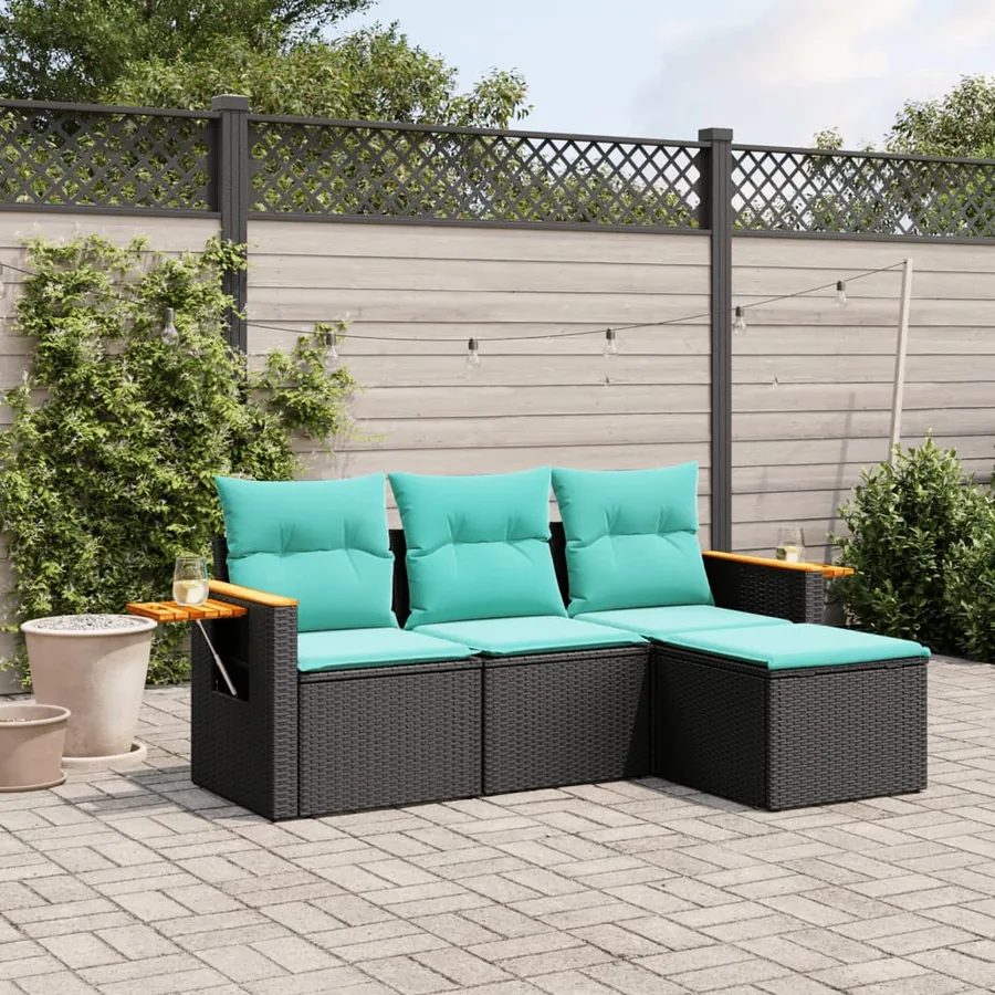 Salon de jardin 4 pcs avec coussins noir résine tressée