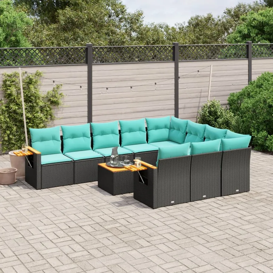 Salon de jardin 11 pcs avec coussins noir résine tressée