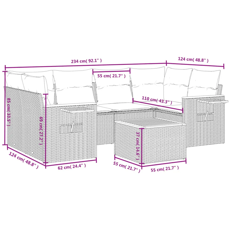 Salon de jardin 7 pcs avec coussins noir résine tressée 62 x 62 x 69 cm - 60,3 kg - 9