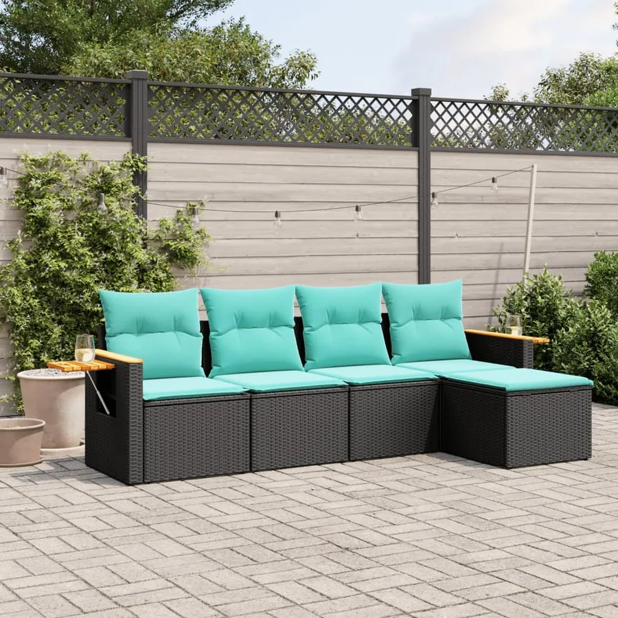 Salon de jardin 5 pcs avec coussins noir résine tressée