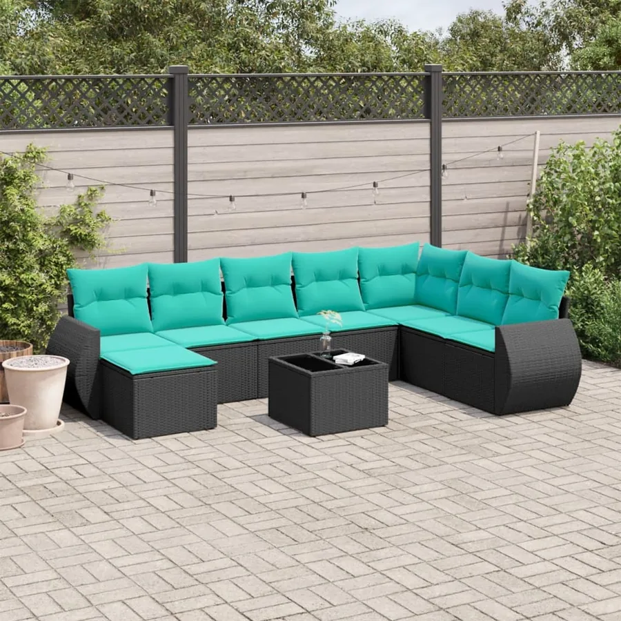 Ensemble de canapé de jardin 9 pcs avec coussins noir résine tressée