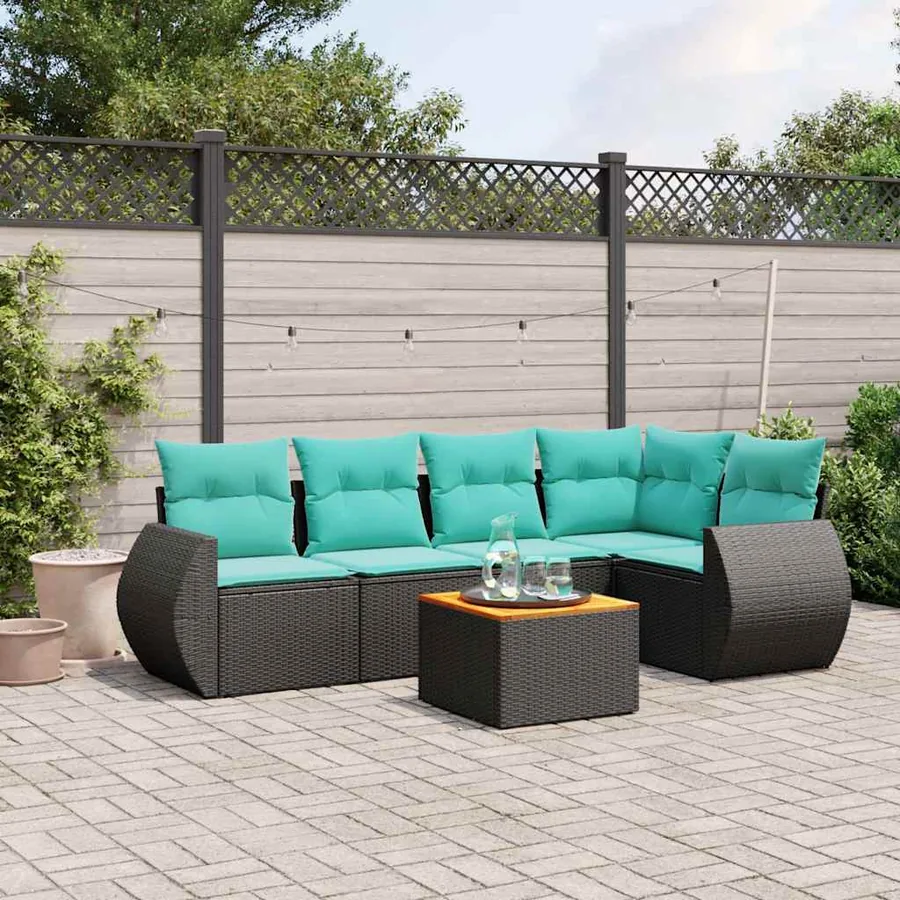 Ensemble de canapé de jardin 6 pcs avec coussins noir résine tressée
