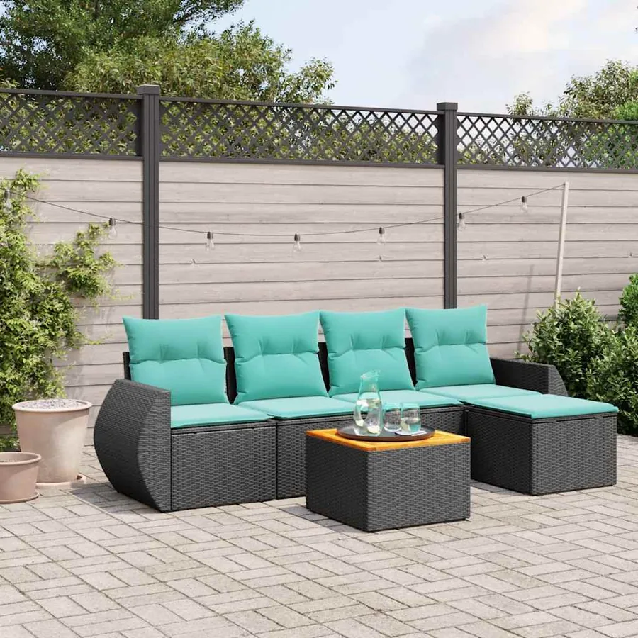 Ensemble de canapé de jardin 6 pcs avec coussins noir résine tressée