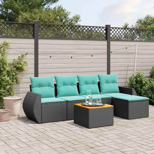 Ensemble de canapé de jardin 6 pcs avec coussins noir résine tressée