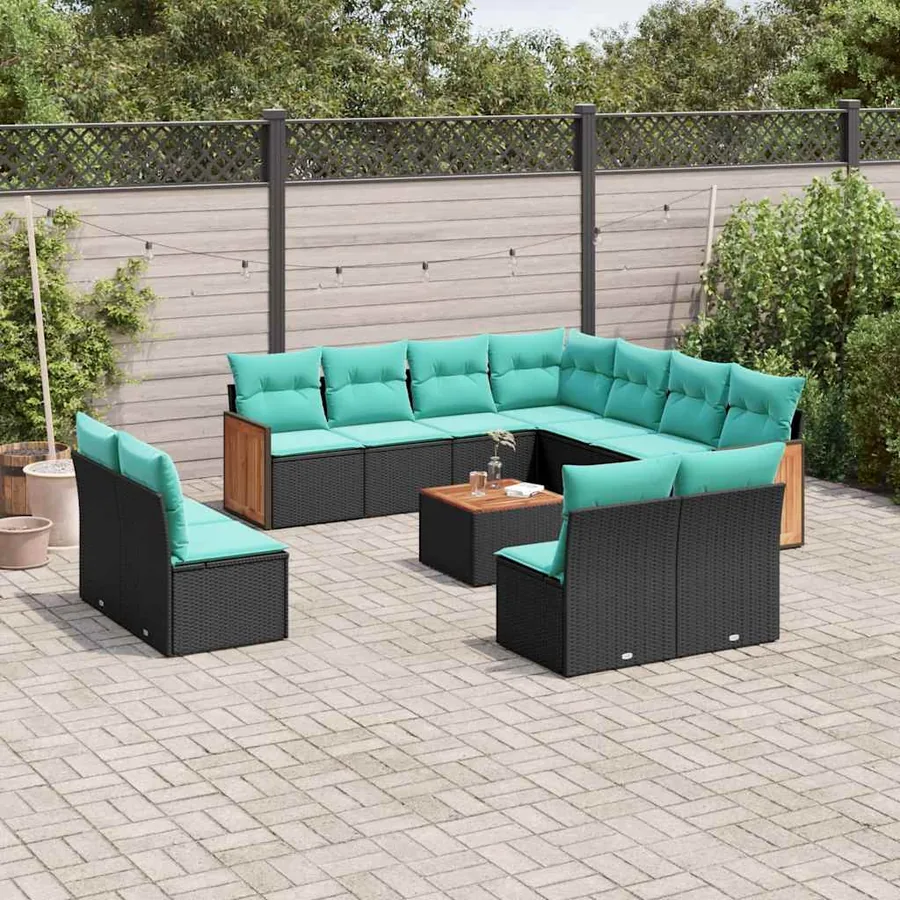 Ensemble de canapé de jardin 12 pcs avec coussins noir résine tressée