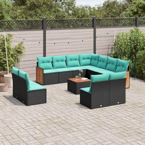 Ensemble de canapé de jardin 12 pcs avec coussins noir résine tressée