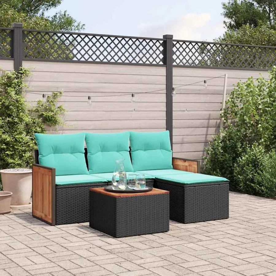 Ensemble de canapé de jardin 5 pcs avec coussins noir résine tressée