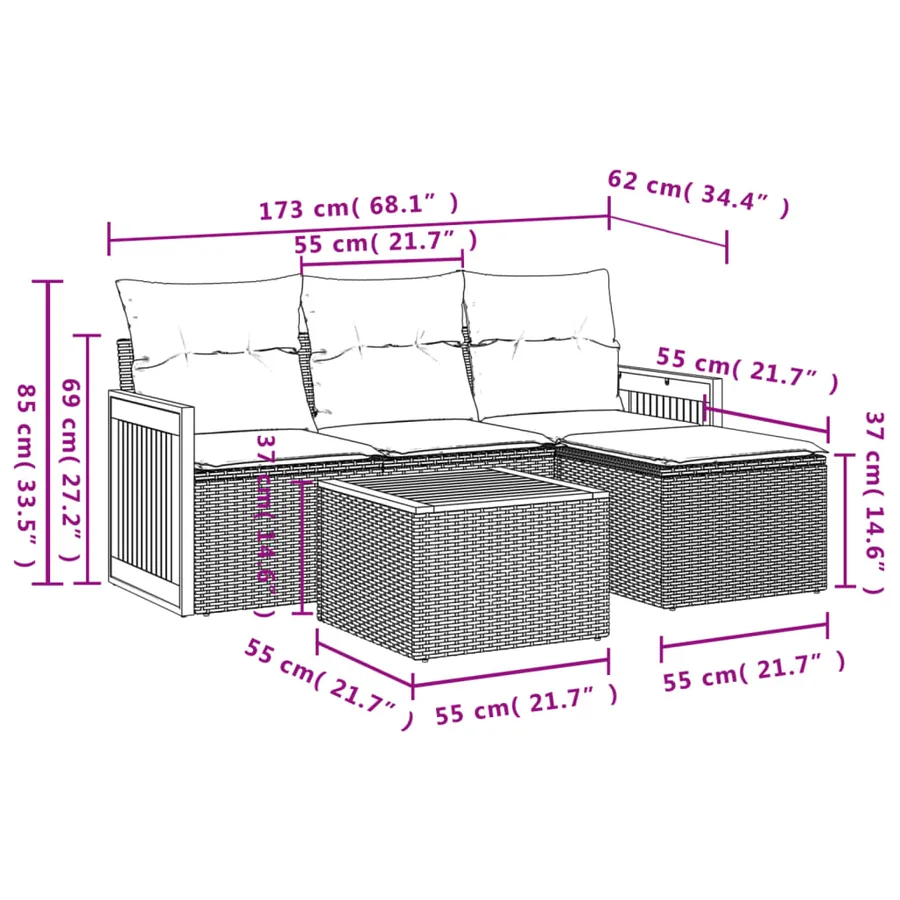 Ensemble de canapé de jardin 5 pcs avec coussins noir résine tressée - 8