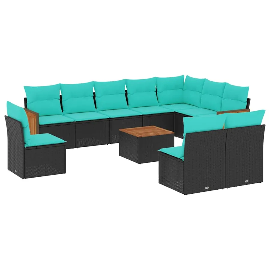 Ensemble de canapé de jardin 11 pcs avec coussins noir résine tressée - 2