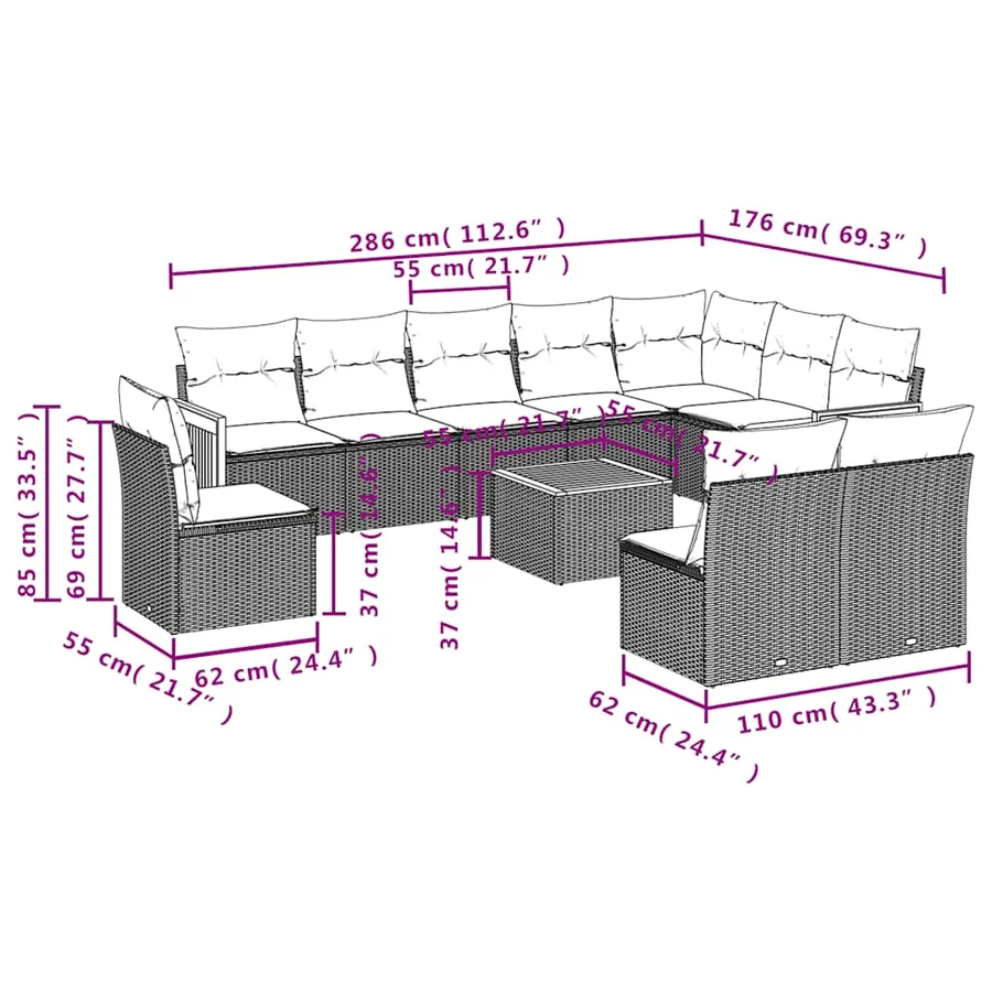 Ensemble de canapé de jardin 11 pcs avec coussins noir résine tressée - 8