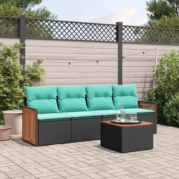 Ensemble de canapé de jardin 5 pcs avec coussins noir résine tressée