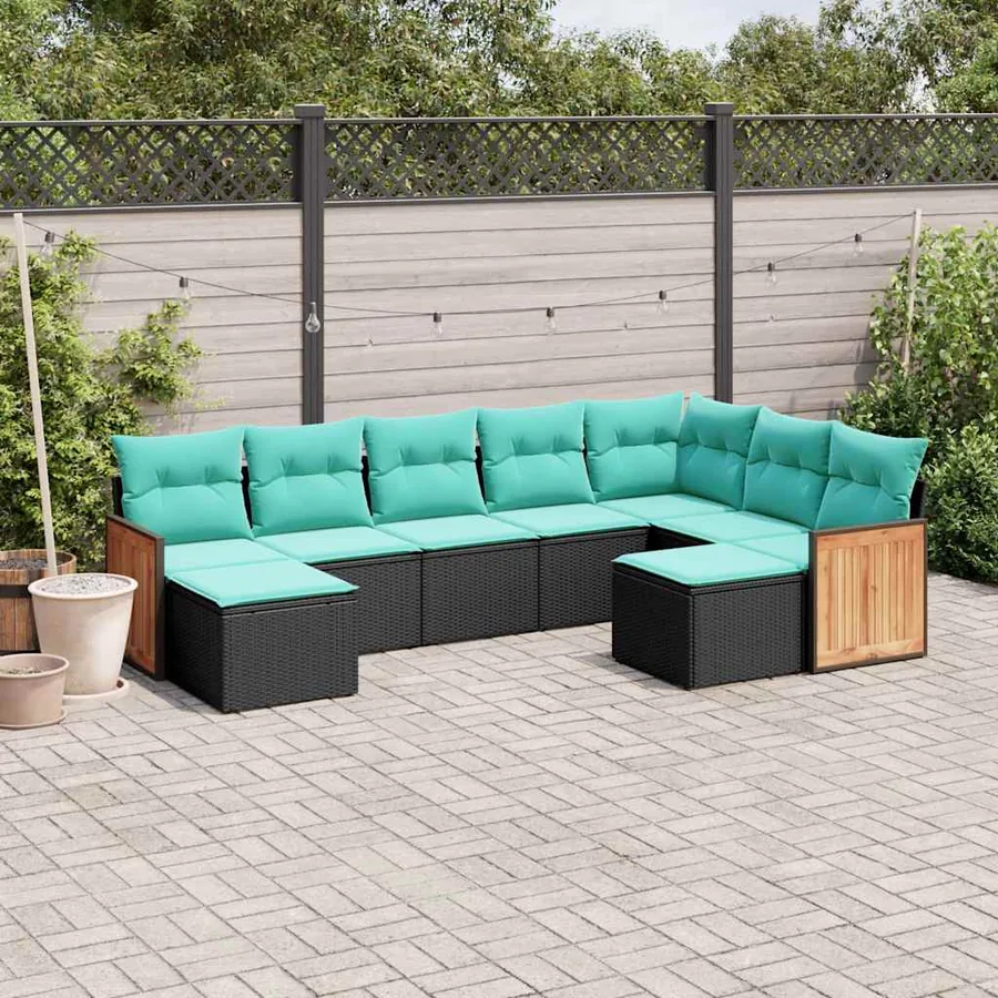 Salon de jardin 9 pcs avec coussins noir résine tressée