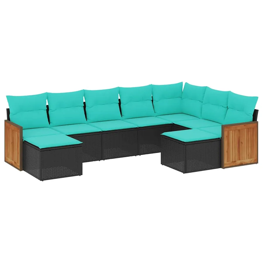 Salon de jardin 9 pcs avec coussins noir résine tressée - 2
