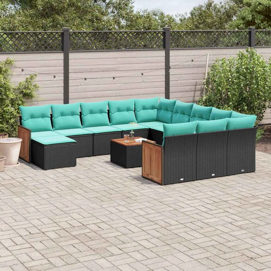 Ensemble de canapé de jardin 13 pcs avec coussins noir résine tressée