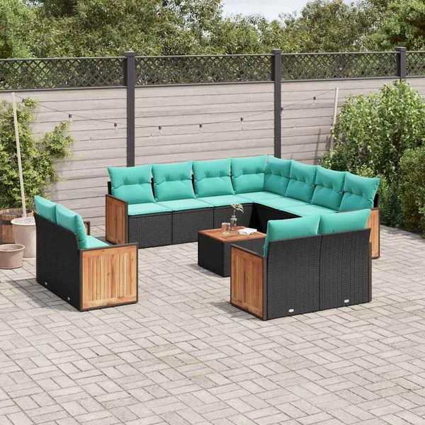 Ensemble de canapé de jardin 12 pcs avec coussins noir résine tressée