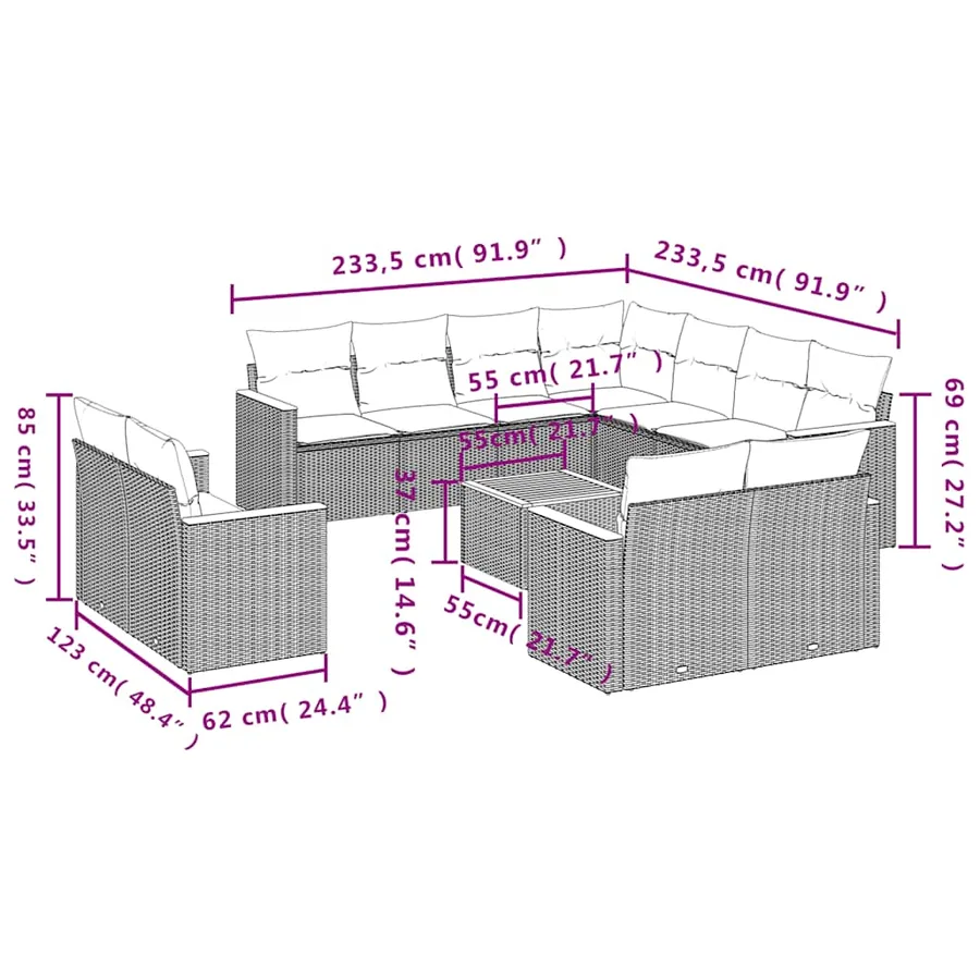 Ensemble de canapé de jardin 12 pcs avec coussins noir résine tressée - 7